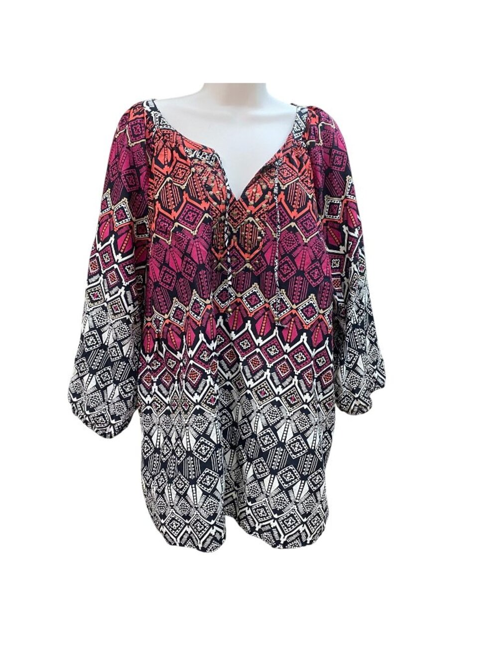 Catherines 2X Boho Tunic Top Geometric Print 3/4 Sleeve Lace-Up Neckline Cotton